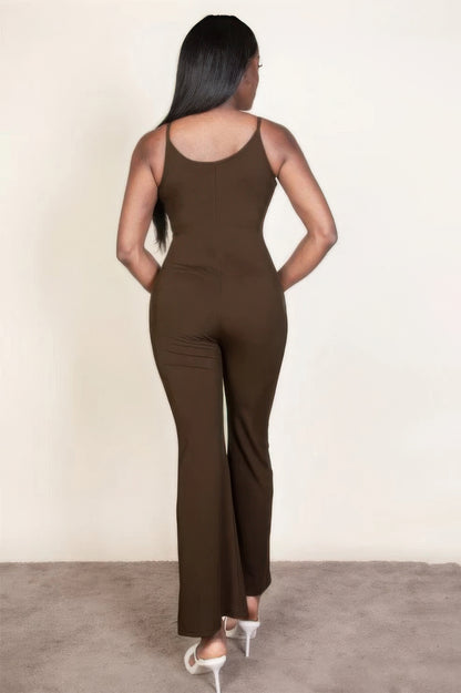 Ribbed sleeveless wide leg jumpsuit, this sophisticated piece features a soft, medium-weight rib knit fabric that provides a perfect blend of comfort and style