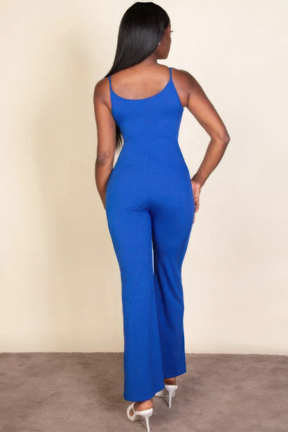 Ribbed sleeveless wide leg jumpsuit, this sophisticated piece features a soft, medium-weight rib knit fabric that provides a perfect blend of comfort and style