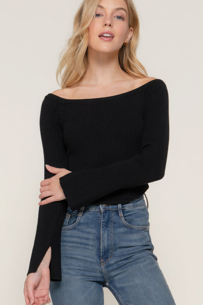 Long flare sleeve off shoulder sweater, cozy yet chic