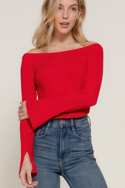 Long flare sleeve off shoulder sweater, cozy yet chic