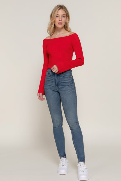 Long flare sleeve off shoulder sweater, cozy yet chic