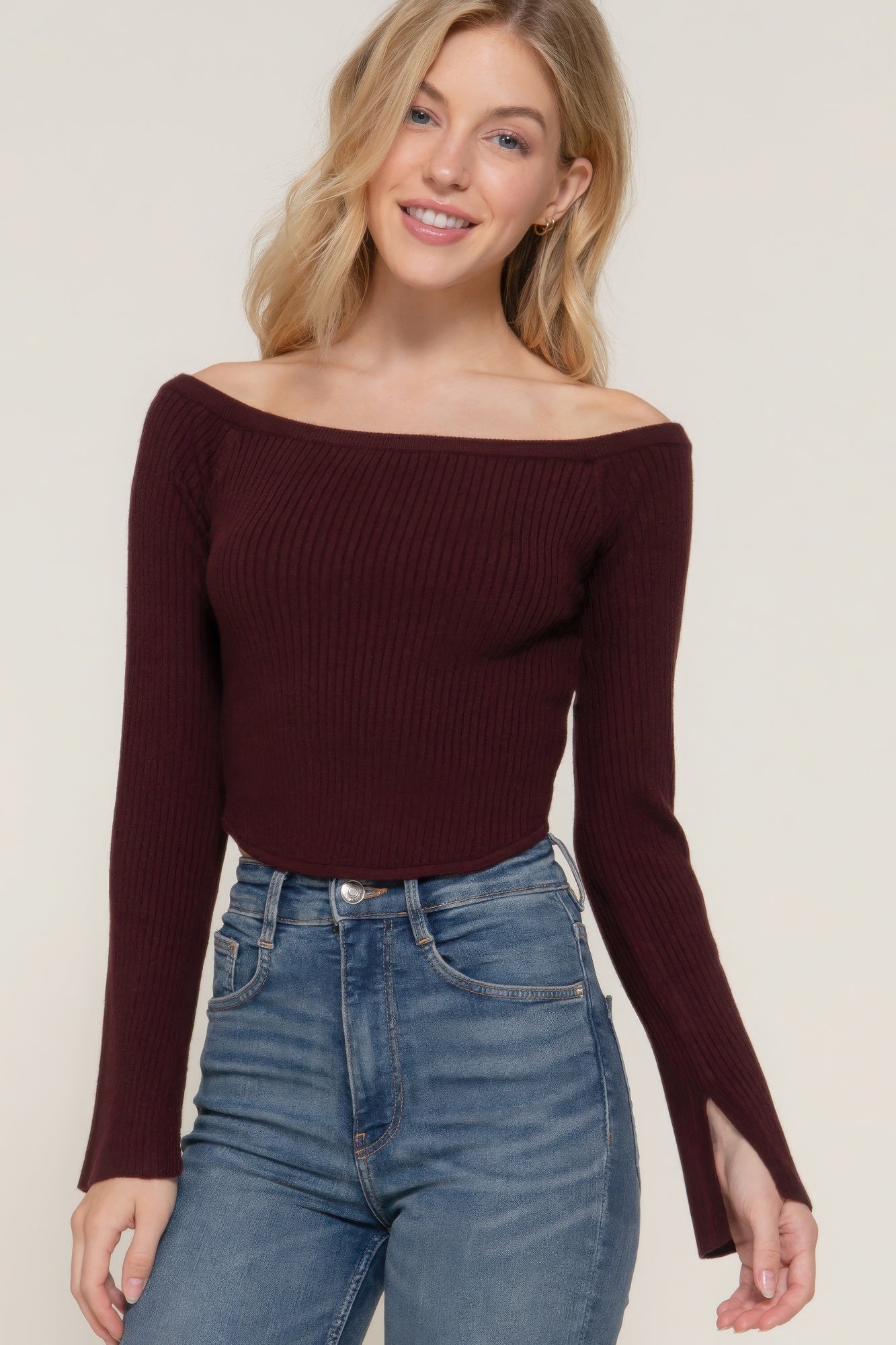 Long flare sleeve off shoulder sweater, cozy yet chic