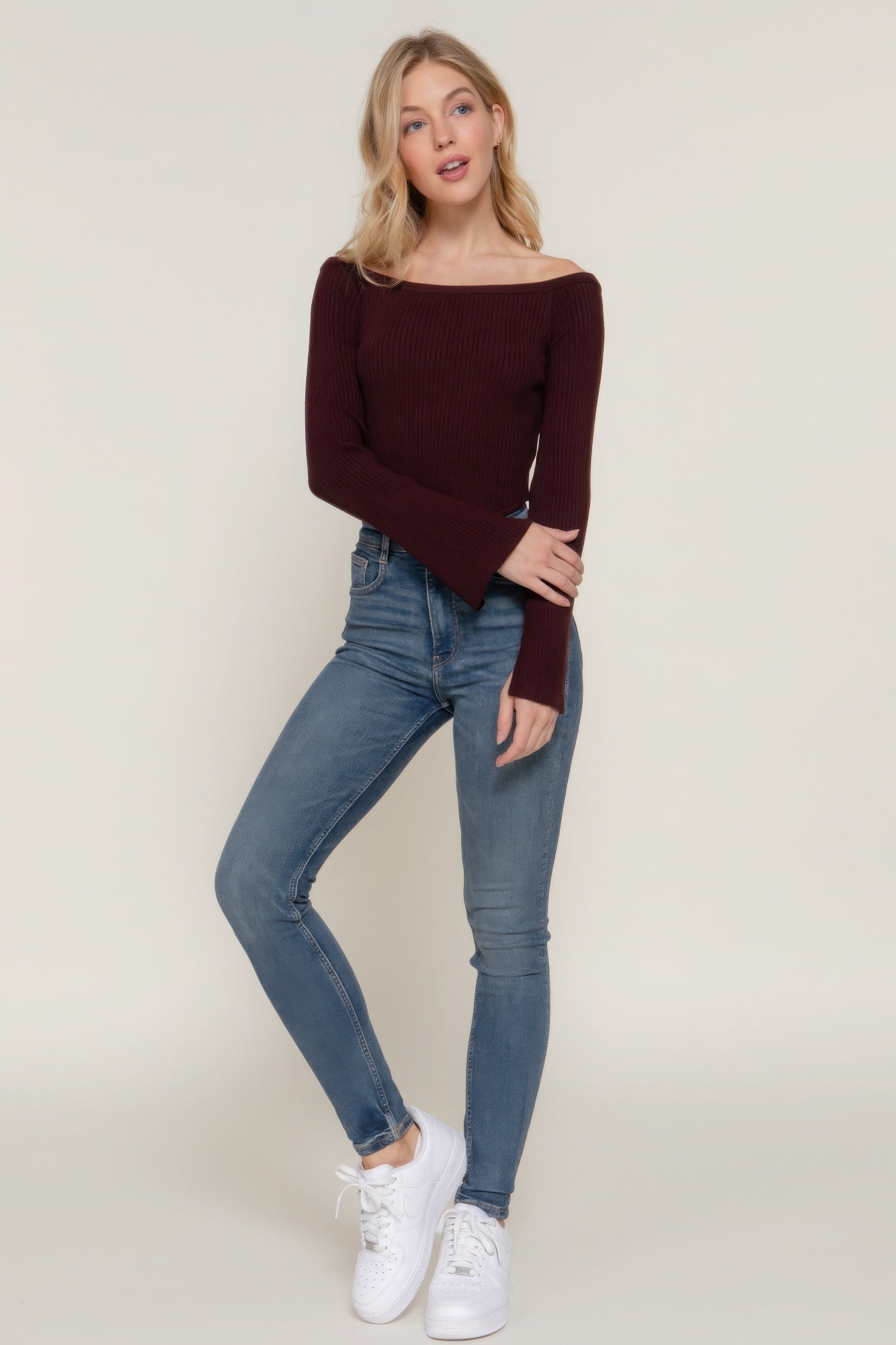 Long flare sleeve off shoulder sweater, cozy yet chic