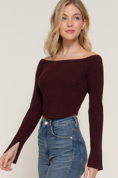 Long flare sleeve off shoulder sweater, cozy yet chic