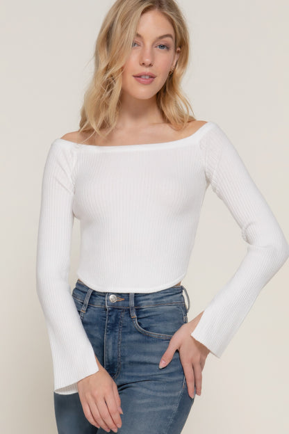 Long flare sleeve off shoulder sweater, cozy yet chic