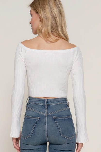 Long flare sleeve off shoulder sweater, cozy yet chic