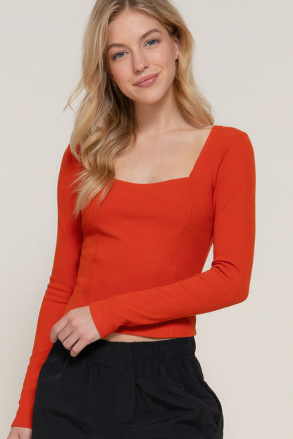 Long sleeve sweetheart neck seam detail knit top