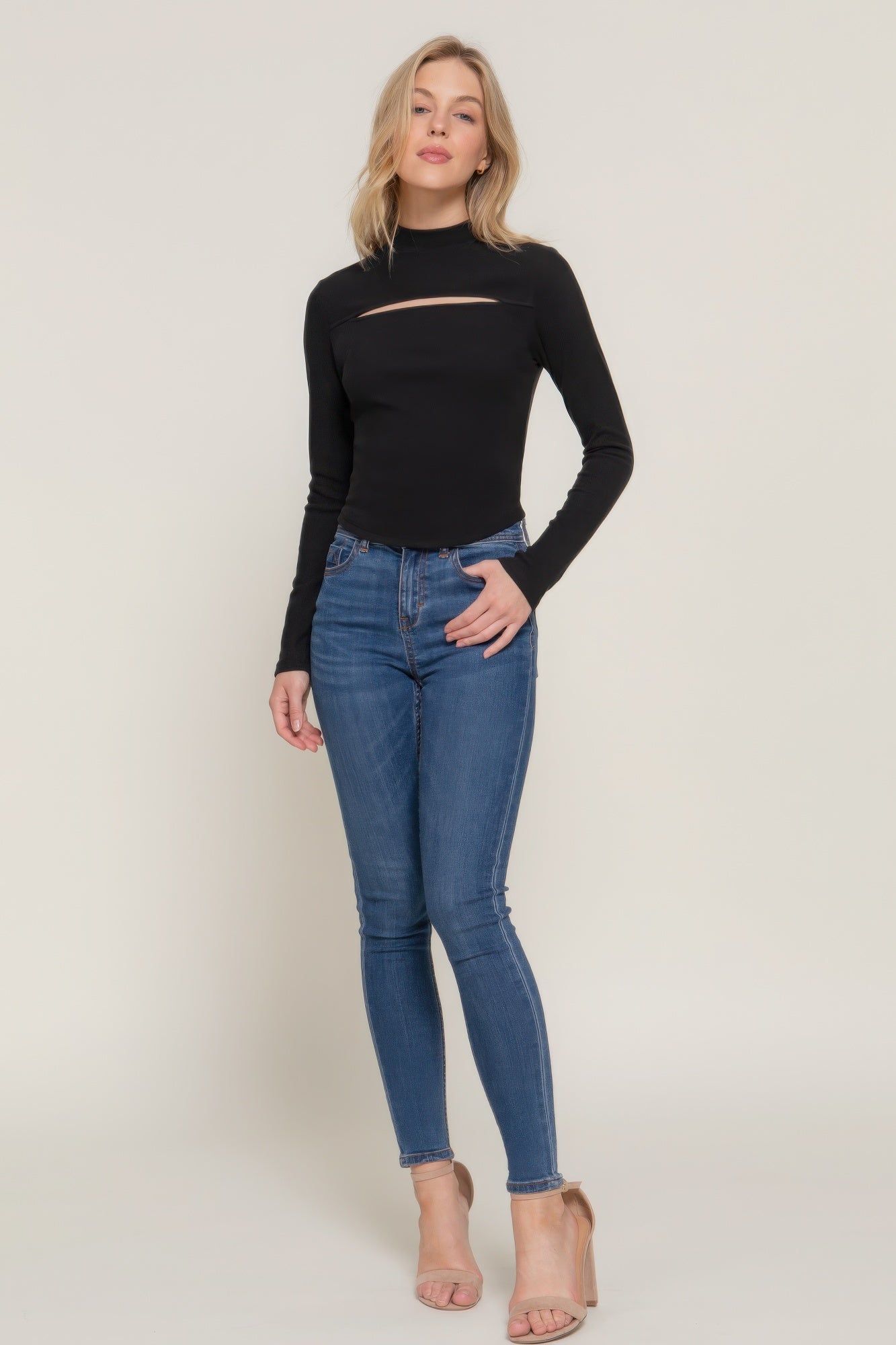 Long sleeve mock neck keyhole rib knit top