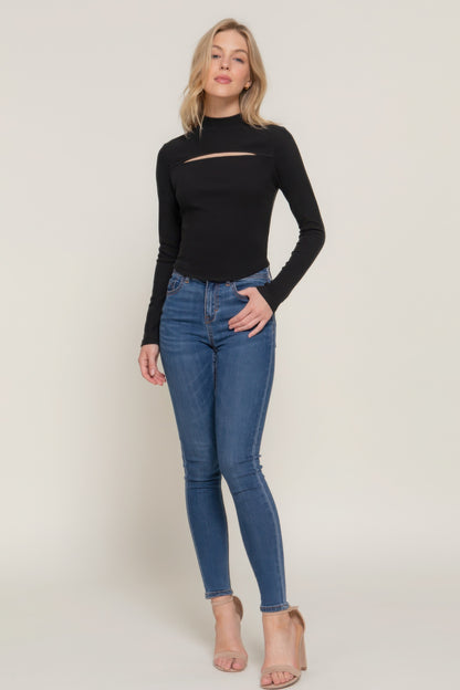 Long sleeve mock neck keyhole rib knit top