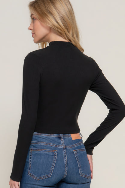 Long sleeve mock neck keyhole rib knit top