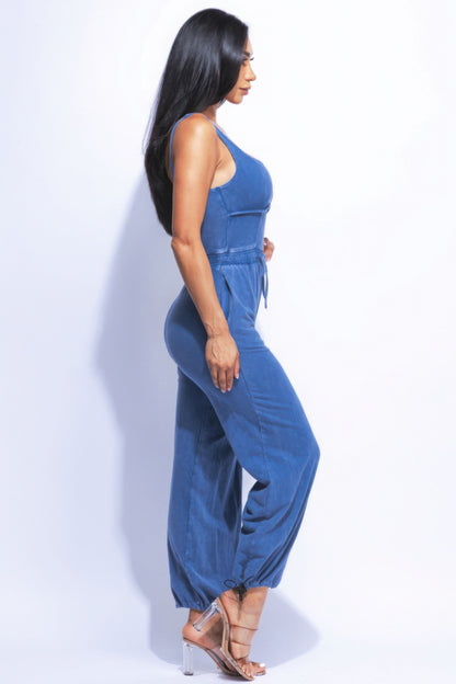 Washed Jumpsuit with an Adjustable Ankle