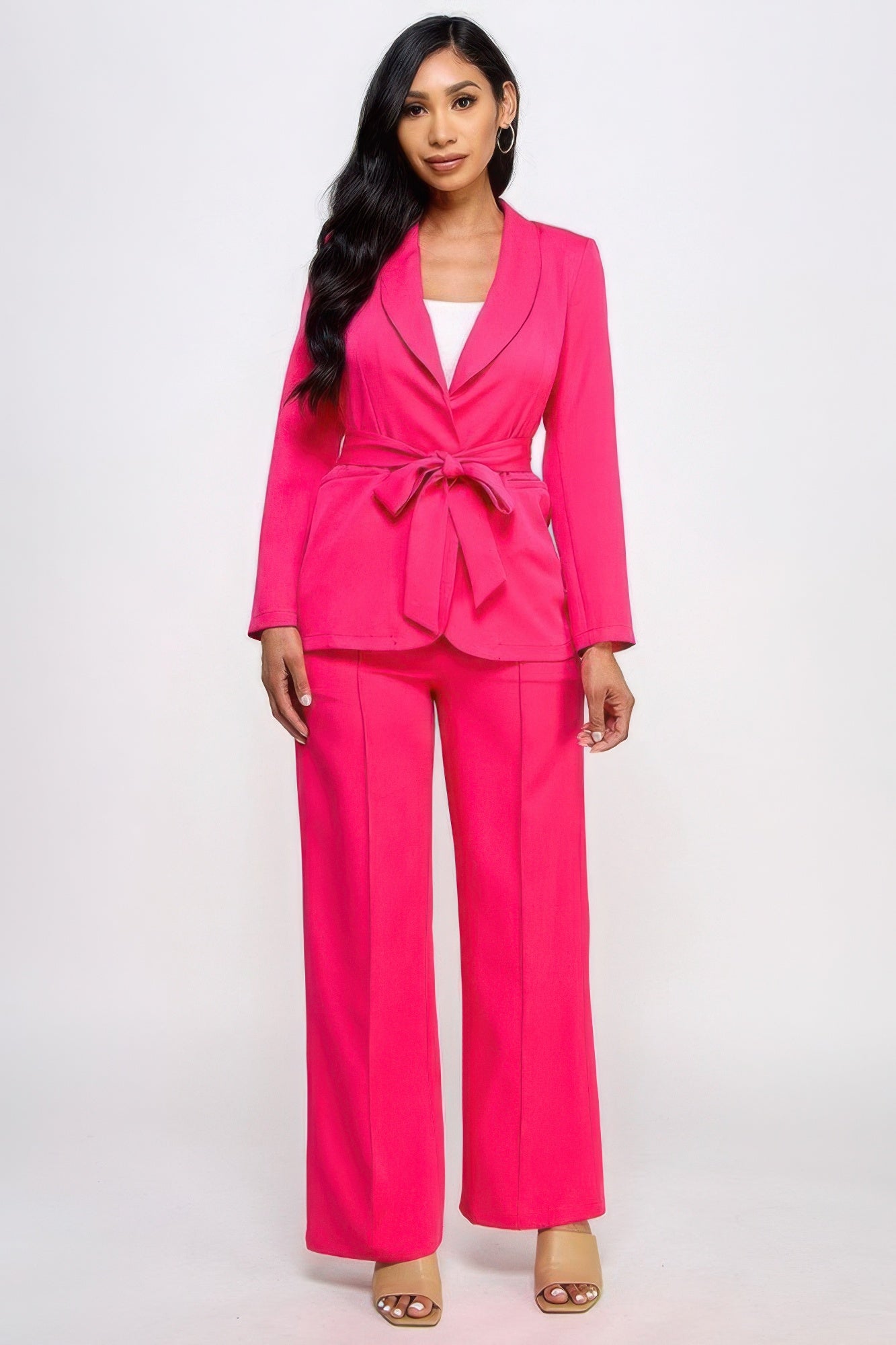 Waist Tie Blazer with Wide Leg Pants Set, 100% polyester