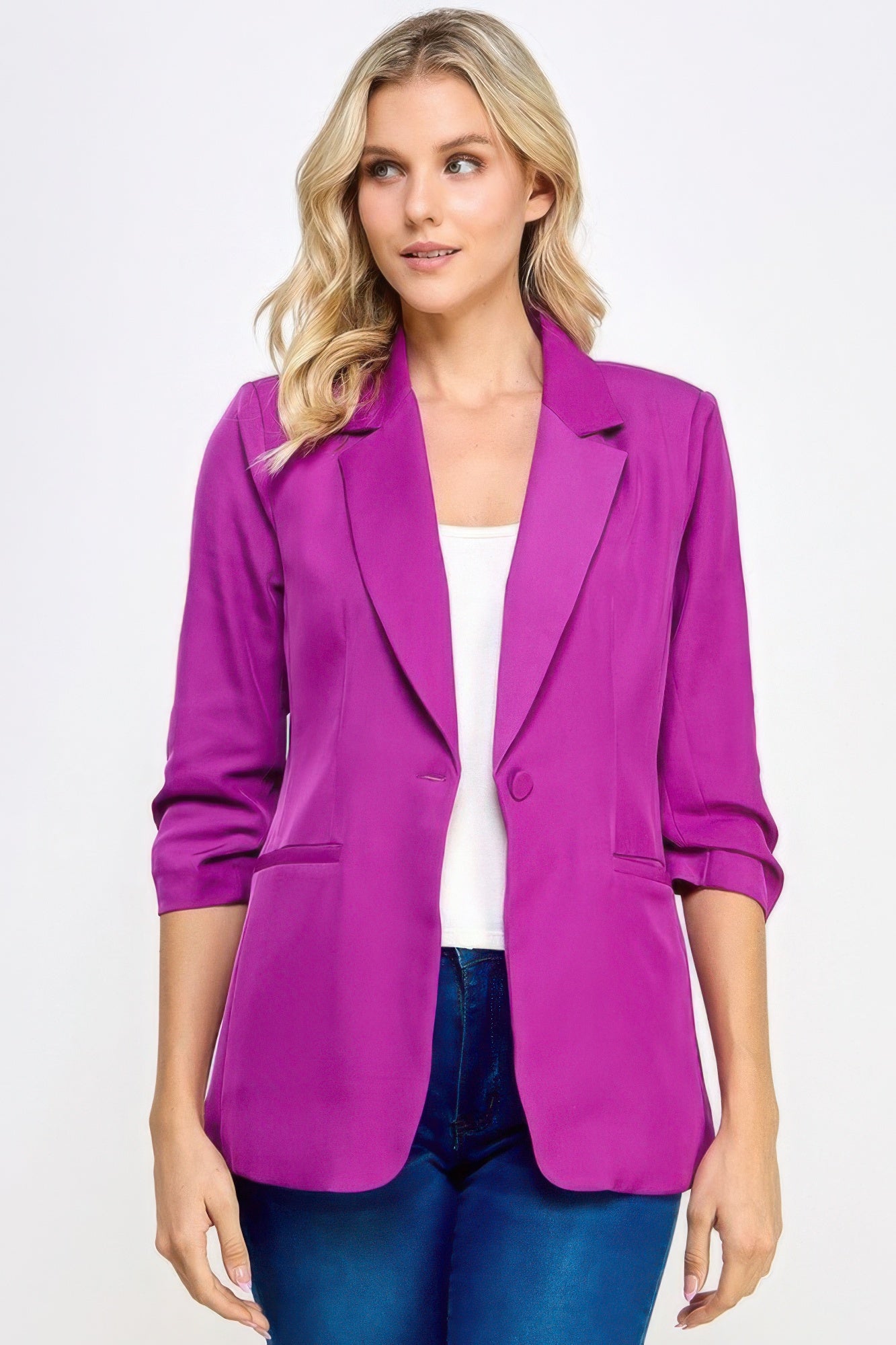 Buttoned Detail 3/4 Sleeve Blazer, polyester and spandex