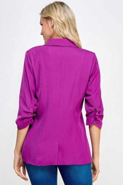 Buttoned Detail 3/4 Sleeve Blazer, polyester and spandex