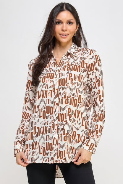 Printed Satin Long Sleeve Tunic Top in Off White/Black, 100% polyester satin