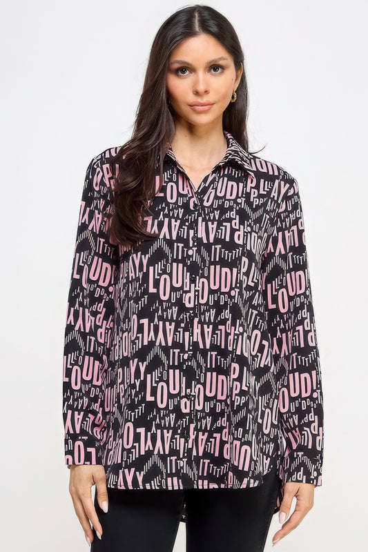 Printed Satin Long Sleeve Tunic Top in Off White/Black, 100% polyester satin