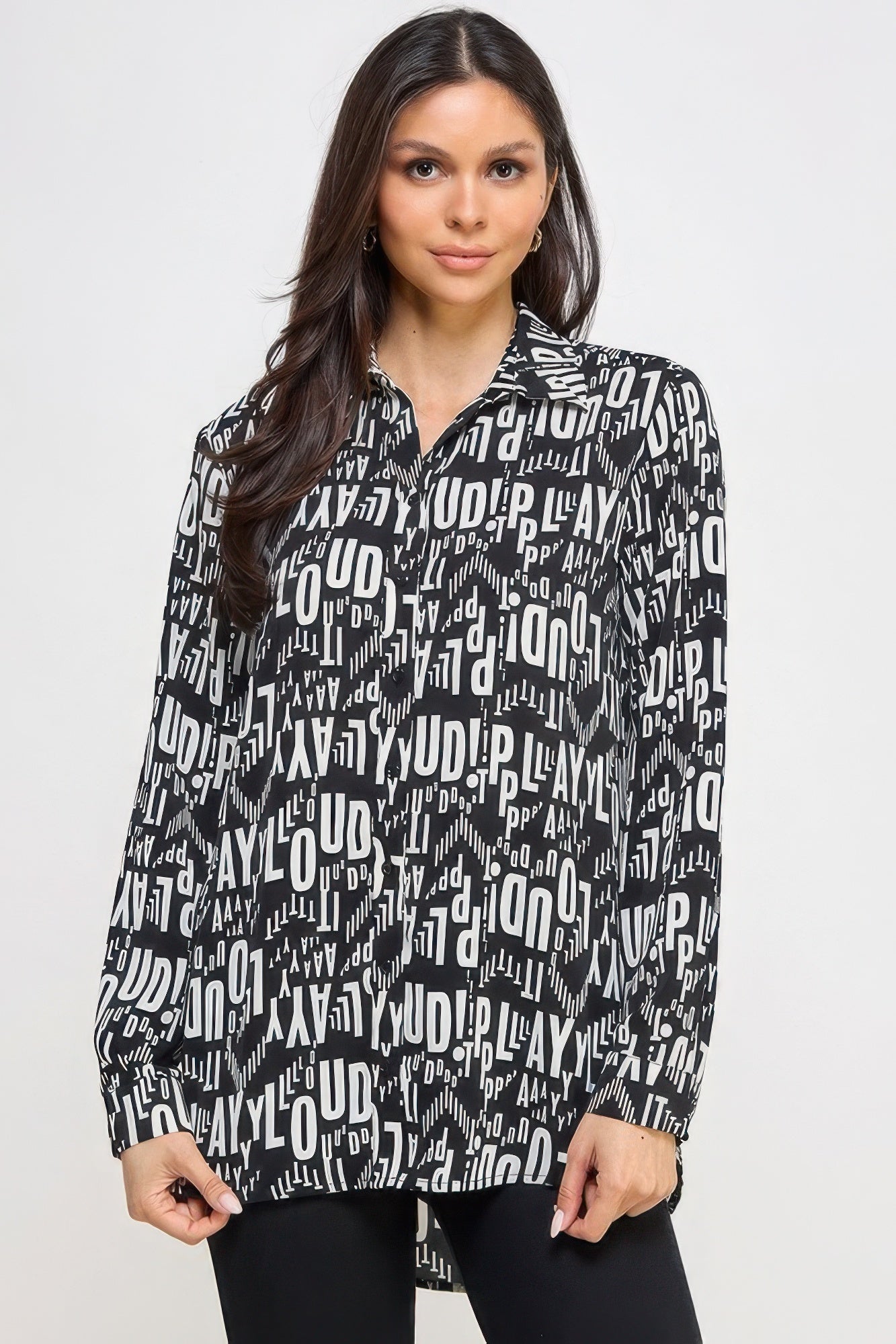 Printed Satin Long Sleeve Tunic Top in Off White/Black, 100% polyester satin