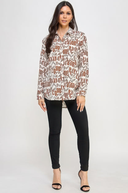 Printed Satin Long Sleeve Tunic Top in Off White/Black, 100% polyester satin