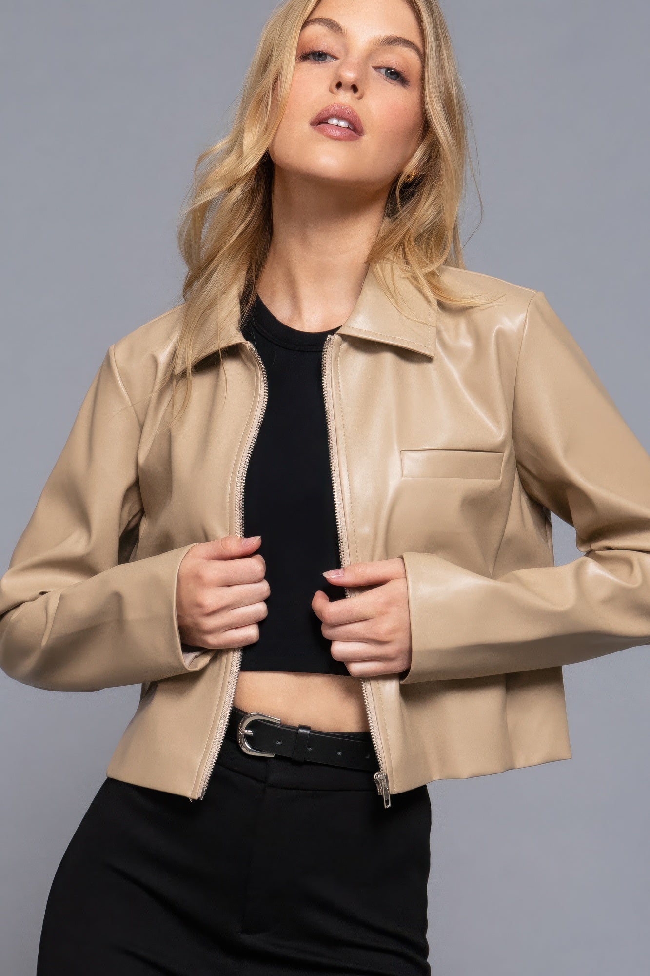 Long sleeve shirt collar faux leather jacket