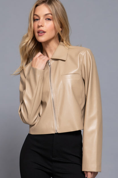 Long sleeve shirt collar faux leather jacket