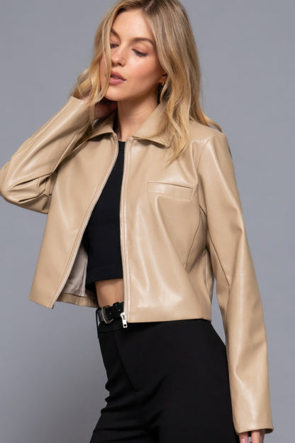 Long sleeve shirt collar faux leather jacket