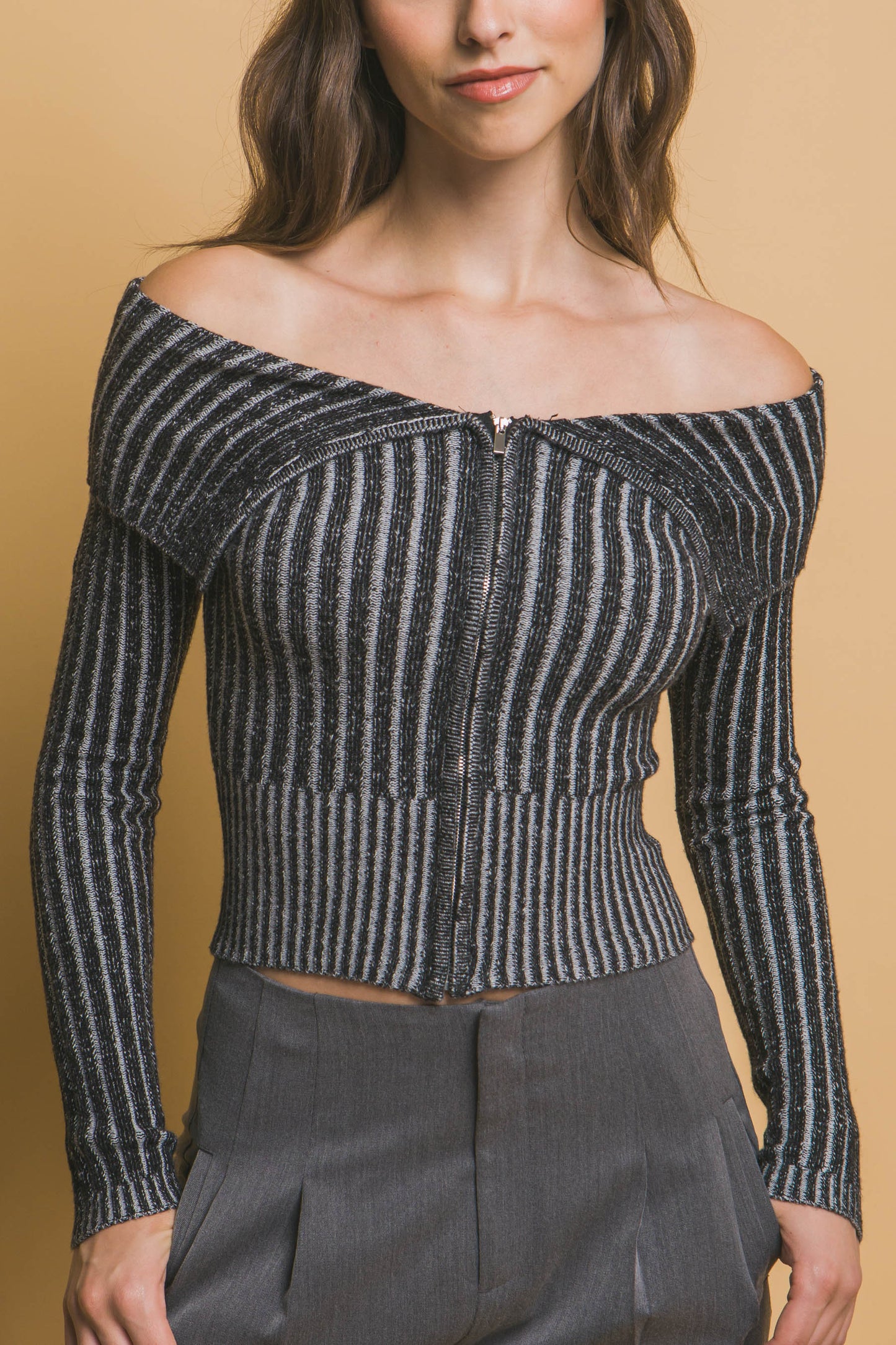 Ribbed bardot zip up long sleeve