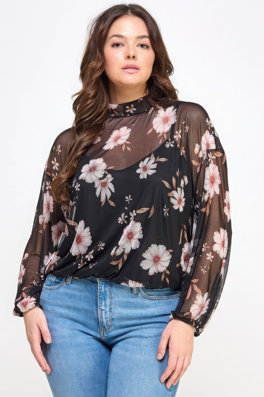 Dragonfly Lane Boutique Mesh Floral Ls Top W/cami PLUS SIZE