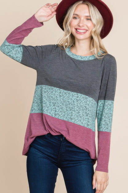 Dragonfly Lane Boutique Colorblock Floral Contrast Long Sleeve Top