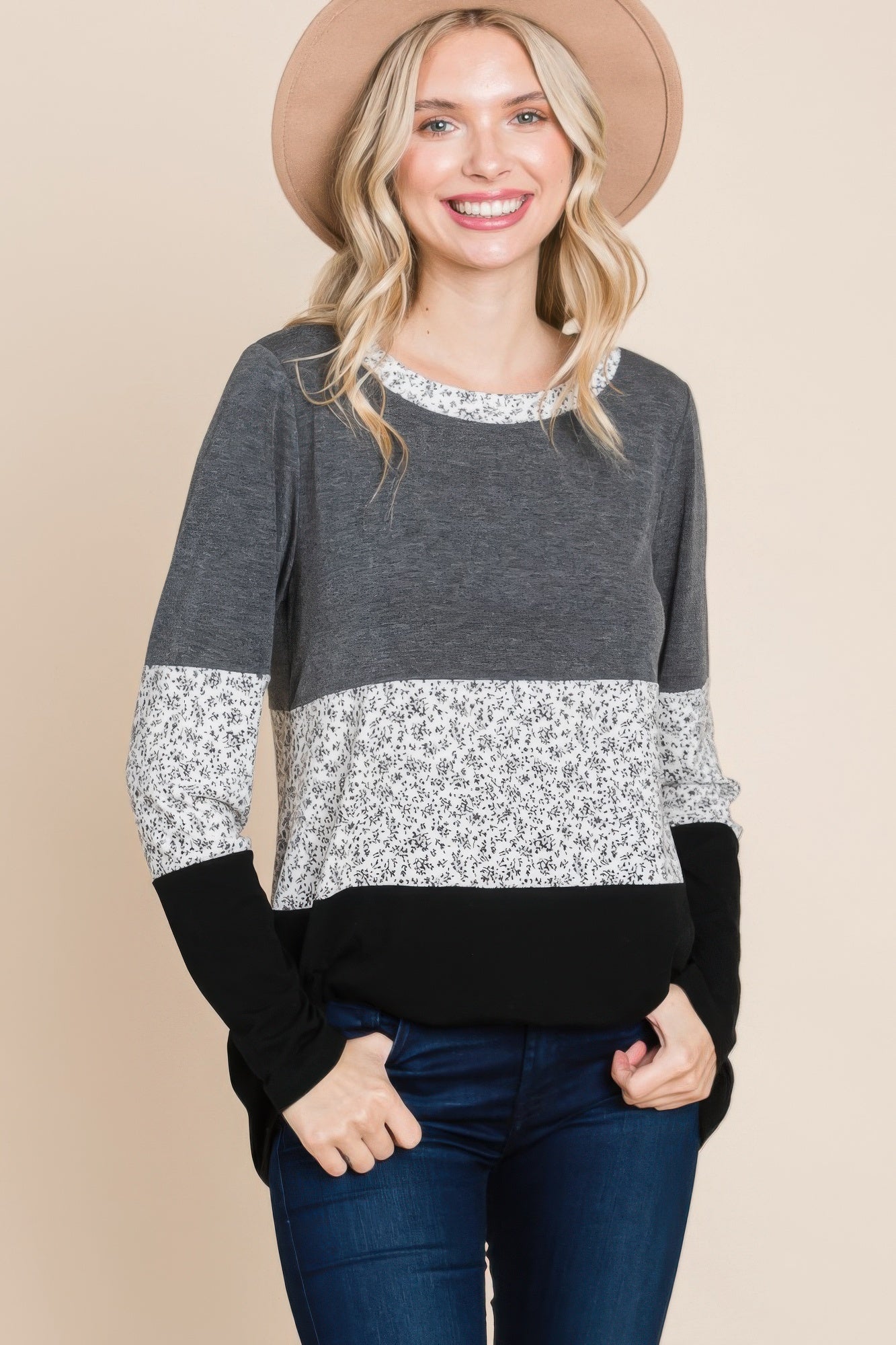 Dragonfly Lane Boutique Colorblock Floral Contrast Long Sleeve Top