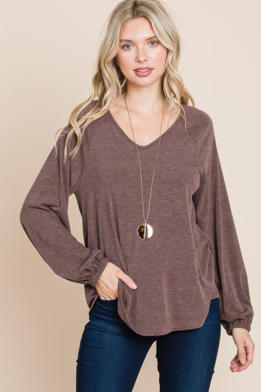 Dragonfly Lane Boutique Casual V Neck Basic Long Sleeve Top