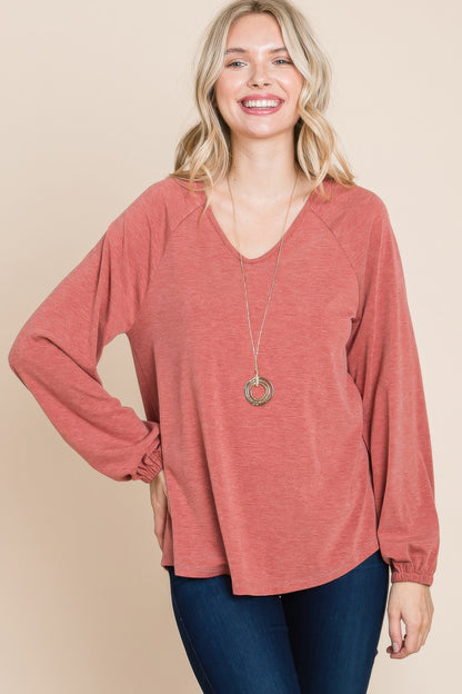 Dragonfly Lane Boutique Casual V Neck Basic Long Sleeve Top