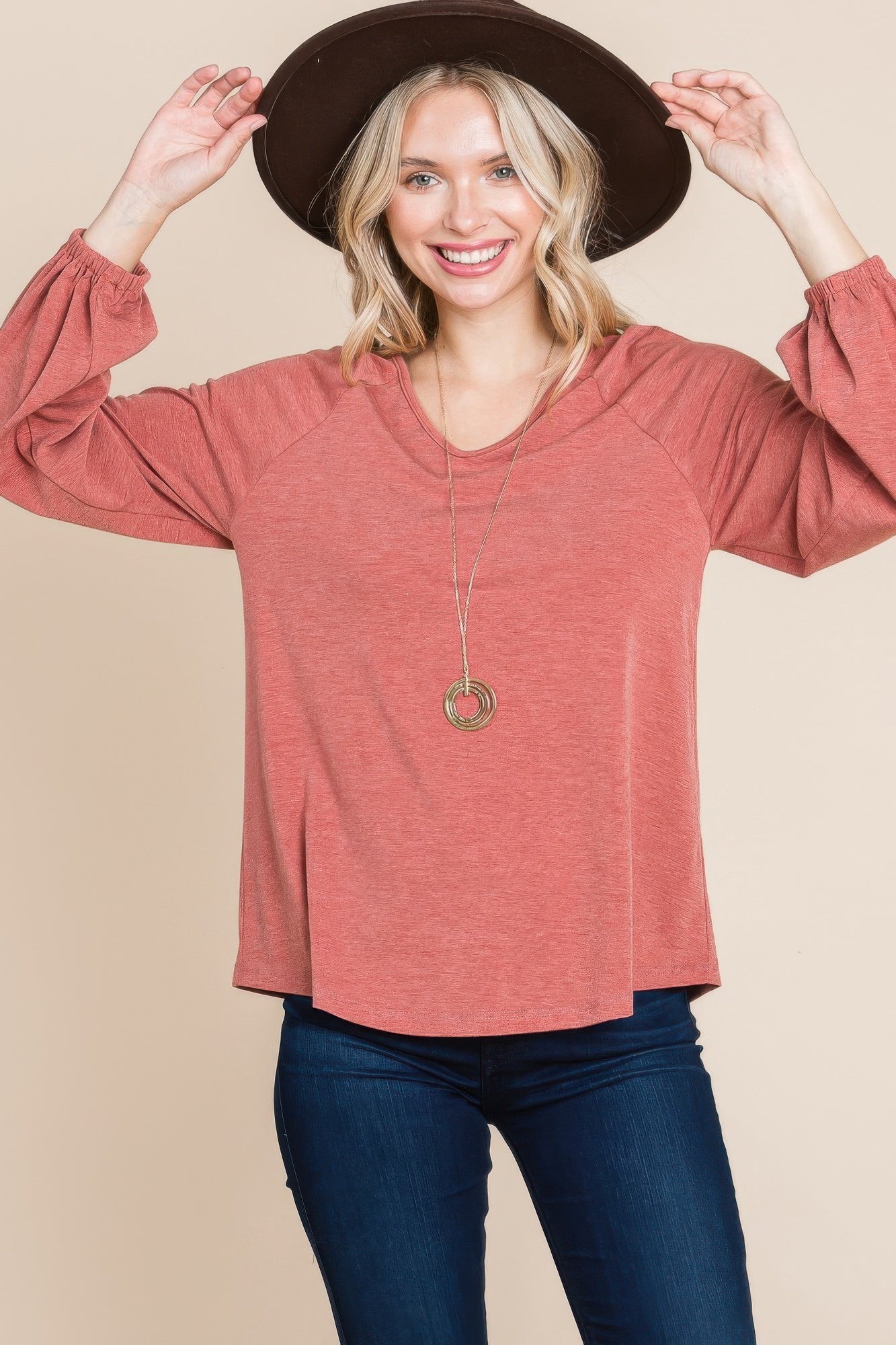 Dragonfly Lane Boutique Casual V Neck Basic Long Sleeve Top