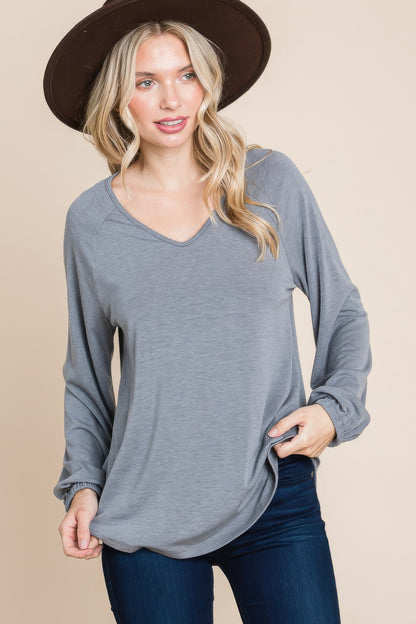 Dragonfly Lane Boutique Casual V Neck Basic Long Sleeve Top