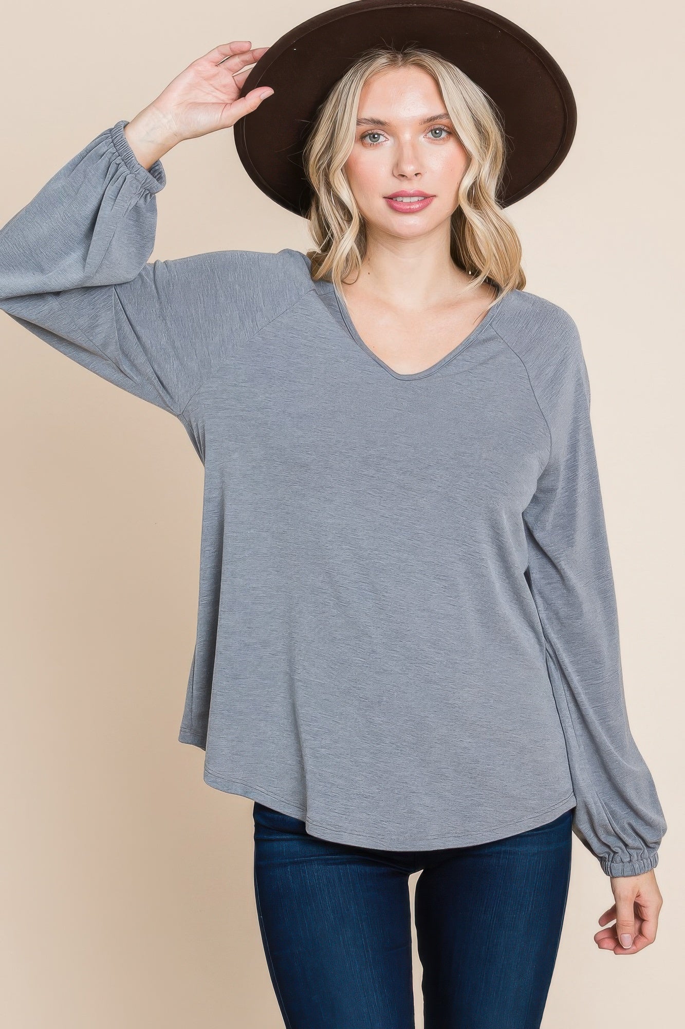 Dragonfly Lane Boutique Casual V Neck Basic Long Sleeve Top