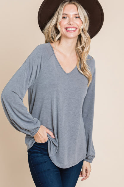 Dragonfly Lane Boutique Casual V Neck Basic Long Sleeve Top