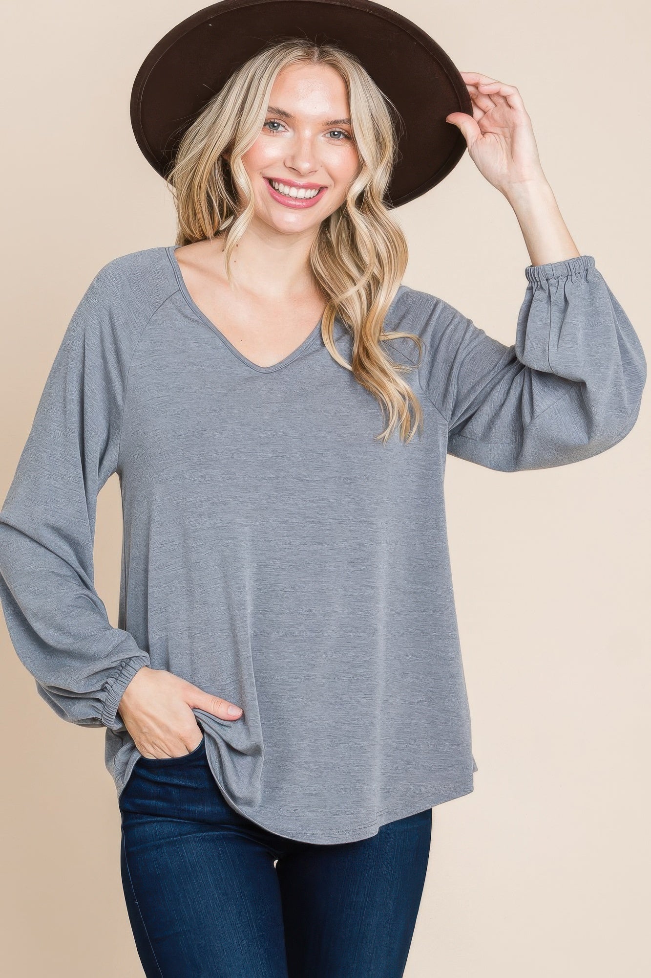 Dragonfly Lane Boutique Casual V Neck Basic Long Sleeve Top