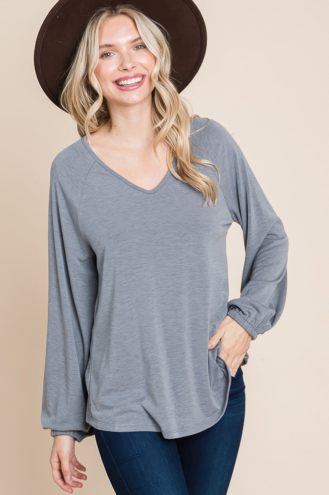 Dragonfly Lane Boutique Casual V Neck Basic Long Sleeve Top