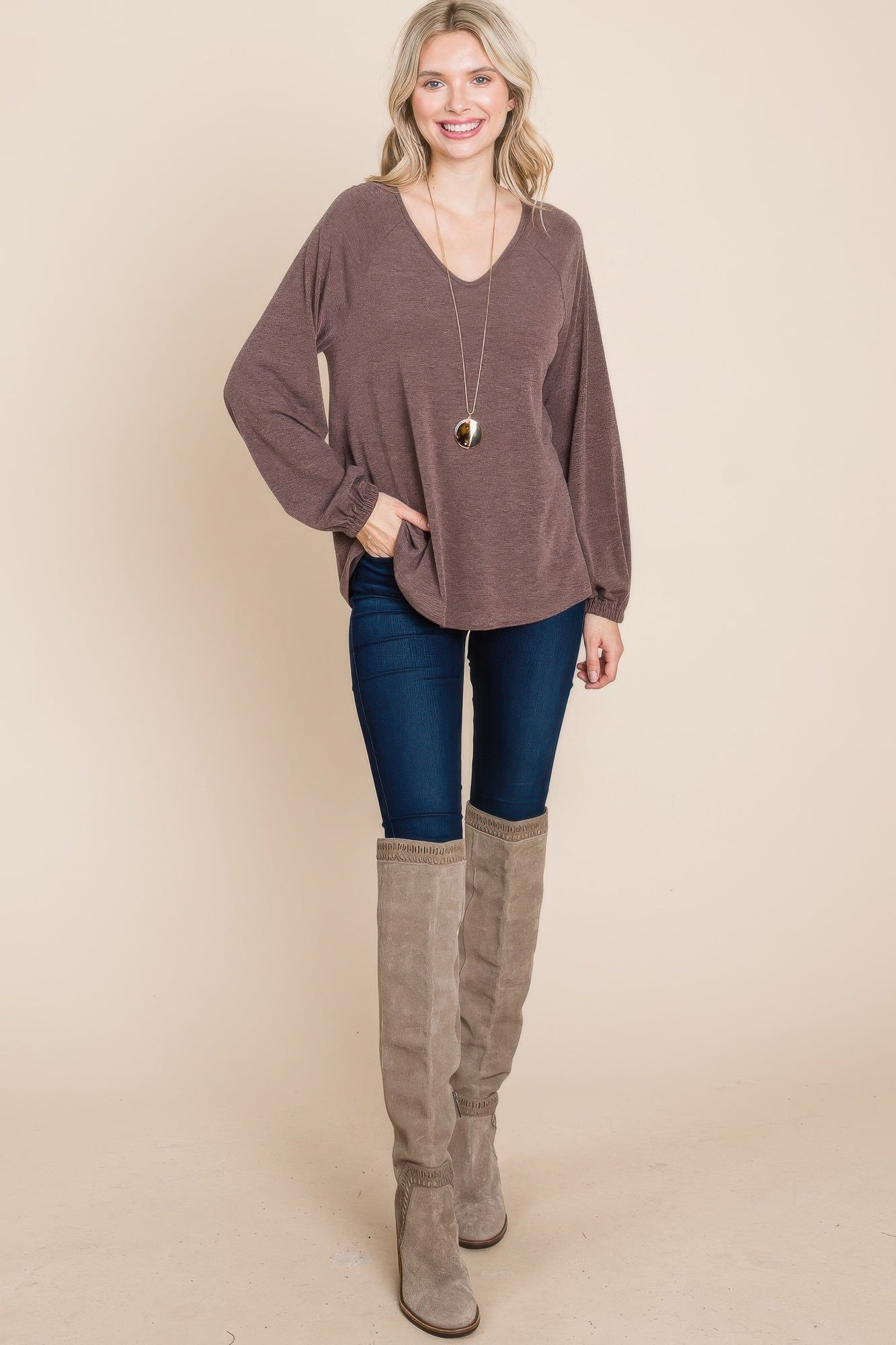 Dragonfly Lane Boutique Casual V Neck Basic Long Sleeve Top