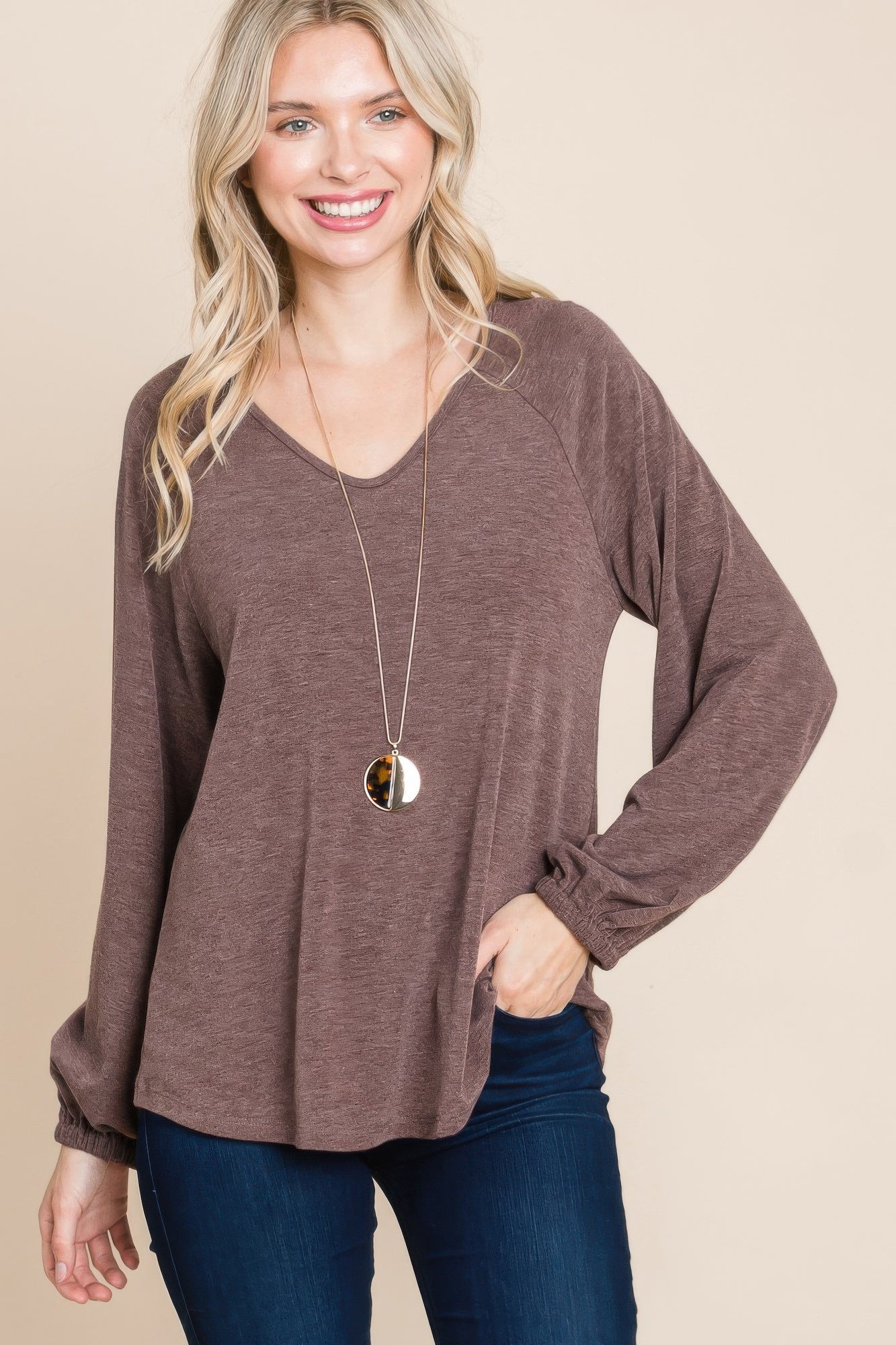 Dragonfly Lane Boutique Casual V Neck Basic Long Sleeve Top