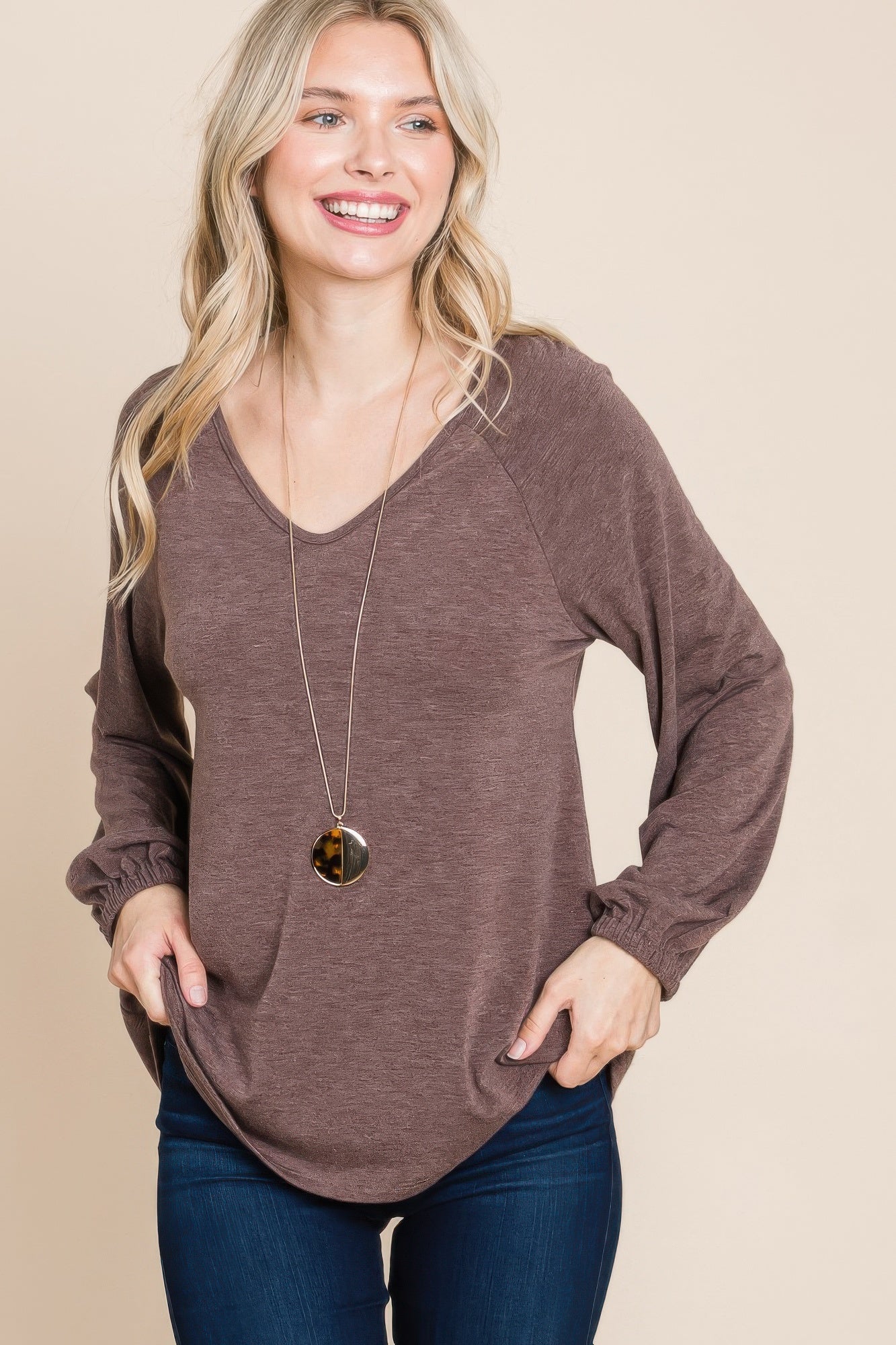 Dragonfly Lane Boutique Casual V Neck Basic Long Sleeve Top