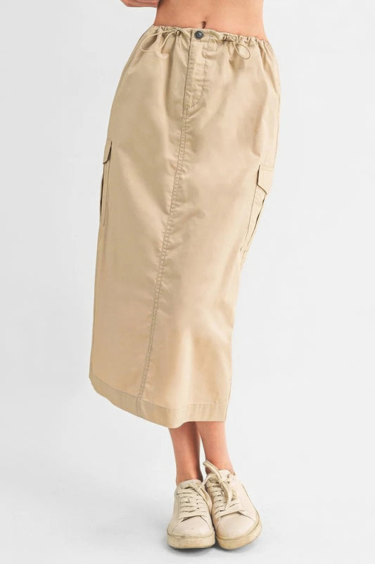 Dragonfly Lane Boutique Cargo Skirt With Drawstring Midi Skirt APPAREL