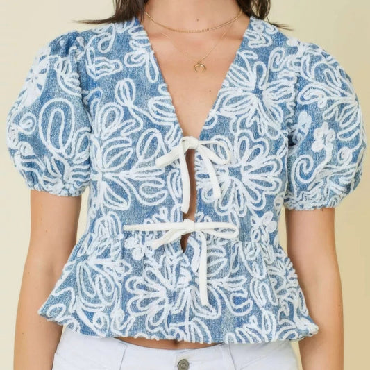 Dragonfly Lane Boutique Denim Embroidered Crop Top With Front Tie Detail APPAREL