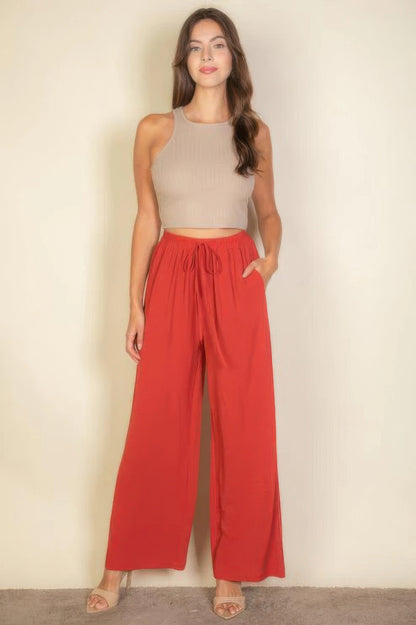 Dragonfly Lane Boutique Drawstring Waist Wide Leg Minimalist Pants APPAREL