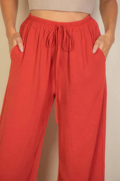 Dragonfly Lane Boutique Drawstring Waist Wide Leg Minimalist Pants APPAREL