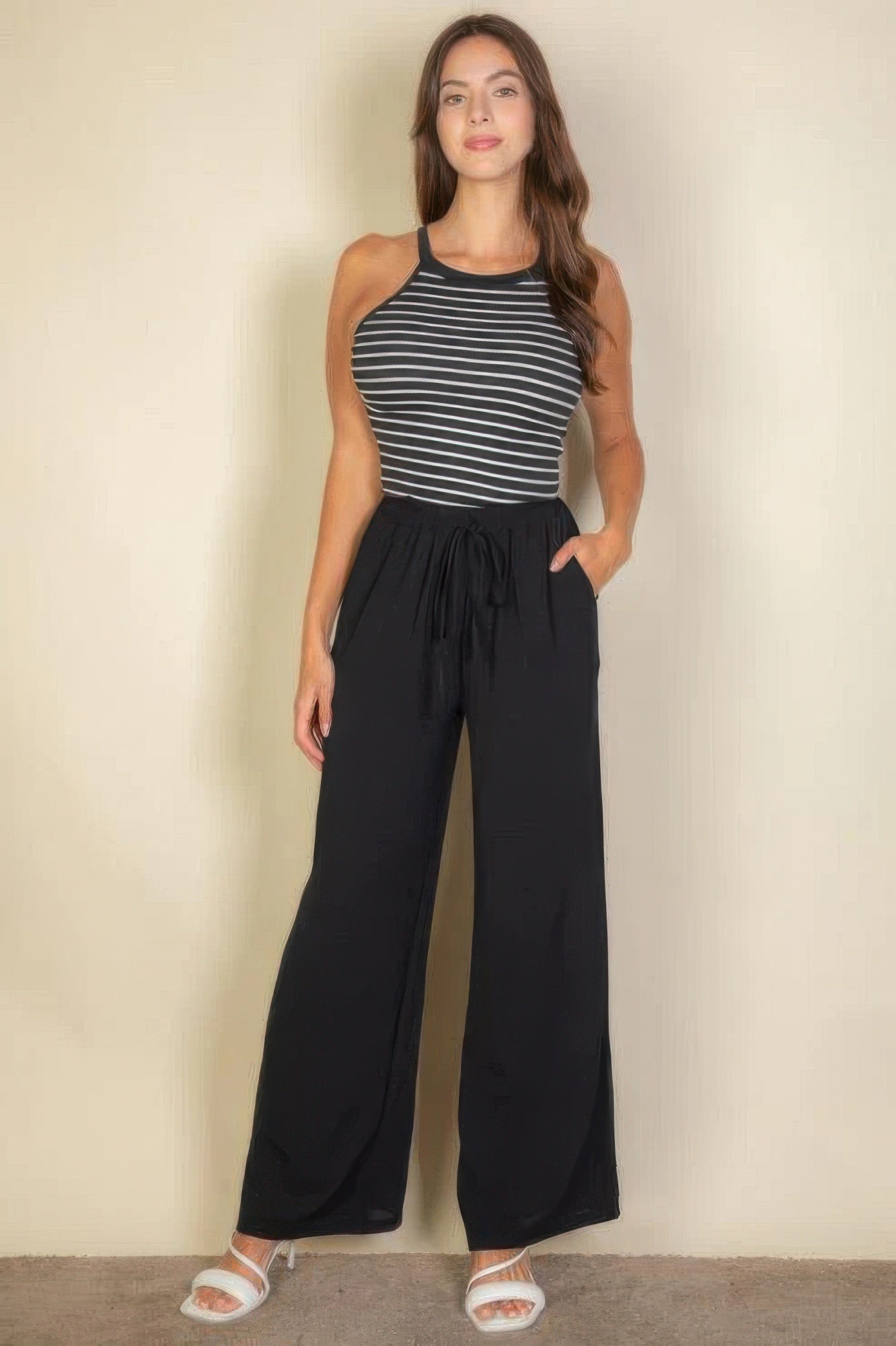 Dragonfly Lane Boutique Drawstring Waist Wide Leg Minimalist Pants APPAREL