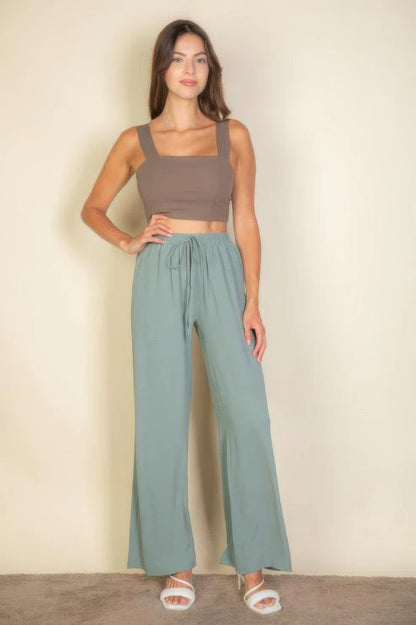 Dragonfly Lane Boutique Drawstring Waist Wide Leg Minimalist Pants APPAREL