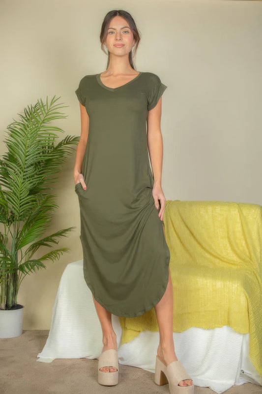 Dragonfly Lane Boutique Hidden Pocket Batwing Sleeve V Neck Long Dress APPAREL