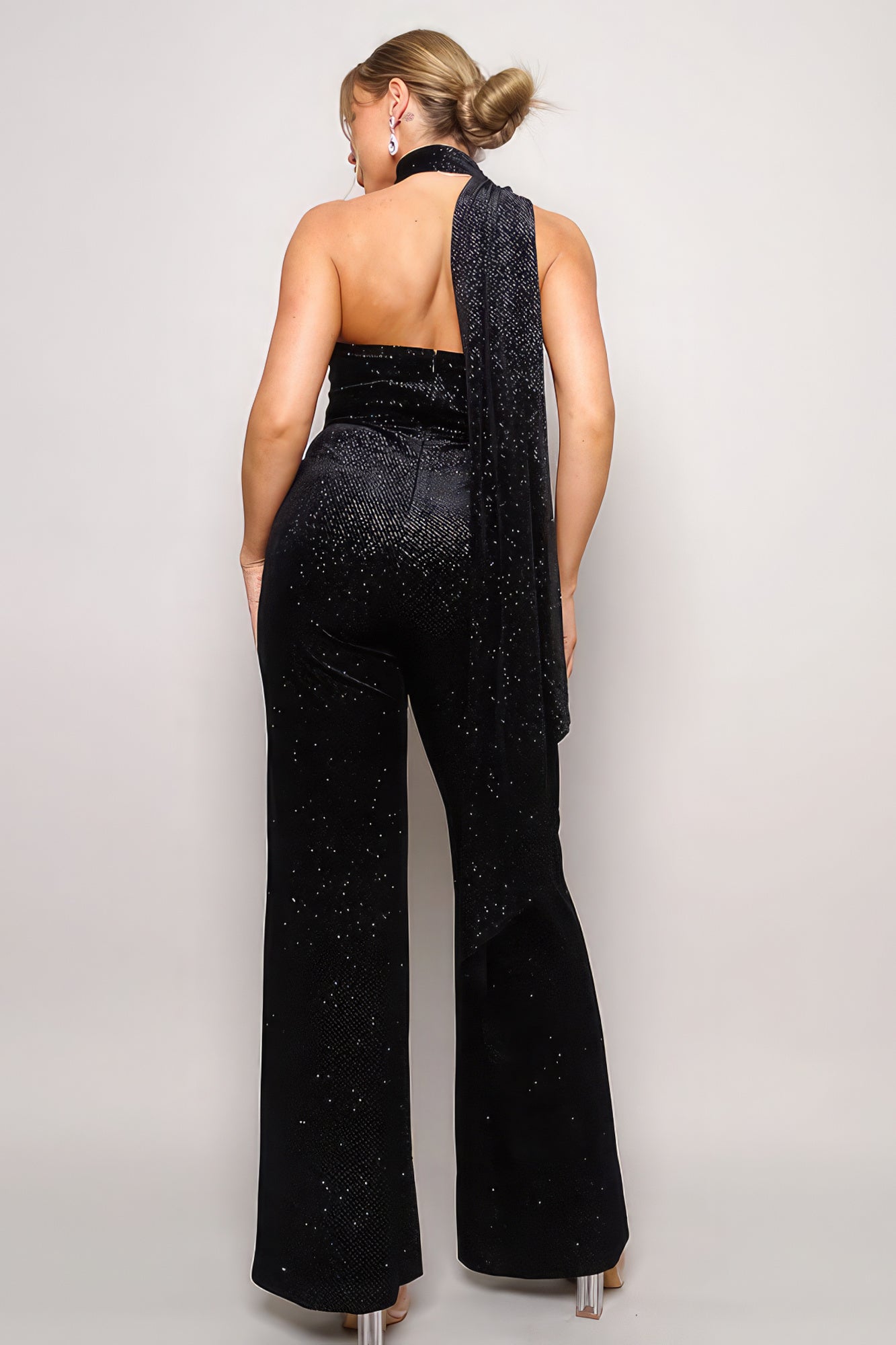 Dragonfly Lane Boutique Scarf Top Glitter Velvet Jumpsuit SALE