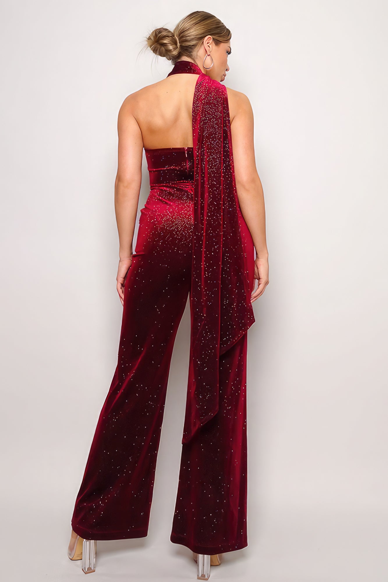 Dragonfly Lane Boutique Scarf Top Glitter Velvet Jumpsuit SALE