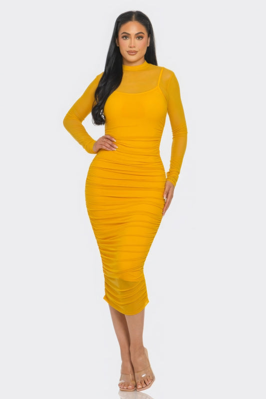 Dragonfly Lane Boutique Solid Mesh Ruched Midi Dress APPAREL